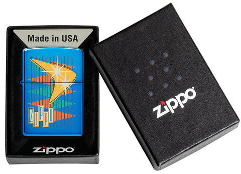 Blue high gloss Zippo lighter in retro style with lots of coloured triangles and logo in black open gift box