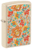 Zippo lighter front view ¾ angle colour print sand-coloured with floral hippie style pattern