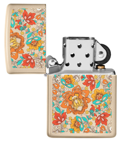 Zippo lighter colour print sand with floral hippie style open without flame
