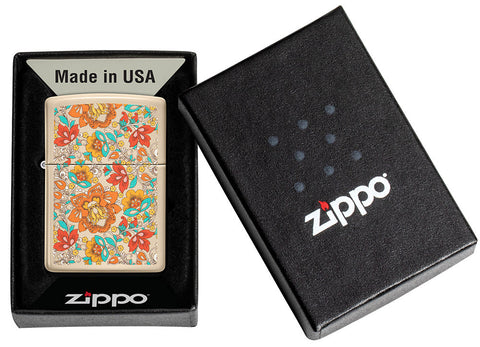 Zippo lighter colour print sand with floral hippie style design in open casket