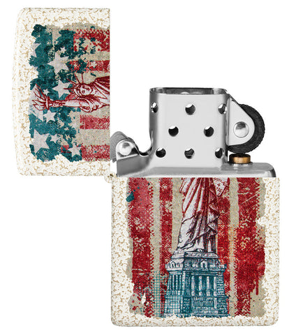 Zippo lighter front view Mercury Glass open with coloured image of the Statue of Liberty and American flag in the background