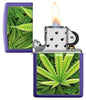 Zippo Lighter Front View Purple Matte Opened and Lit with Cannabis Plant Image