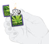 Zippo Lighter Front View Purple Matte Opened and Lit with Illustration of Cannabis Plants in Stylish Hand