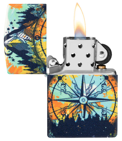 Zippo lighter 540 degree design with signpost in the colourful night sky of nature opened with flame