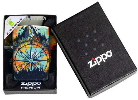 Zippo lighter 540 degree design with signpost in the colourful night sky of nature in open gift box