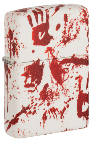 Zippo lighter front view ¾ angle 540 degree design matt white with bloody hand prints