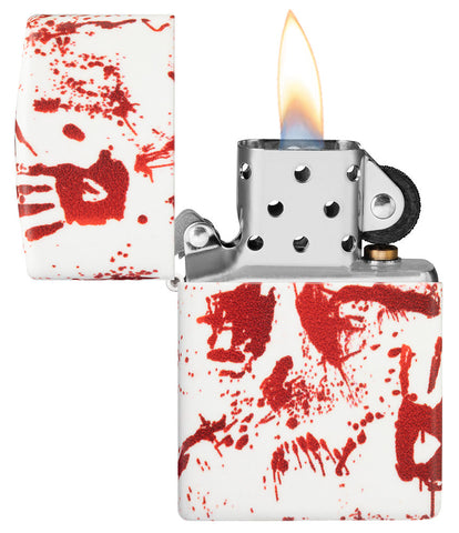 Zippo Lighter 540 Degree Design Matte White With Bloody Handprints Opened With Flame