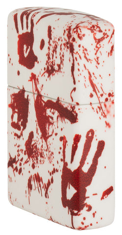 Zippo lighter side view front ¾ angle 540 degree design matt white with bloody hand prints