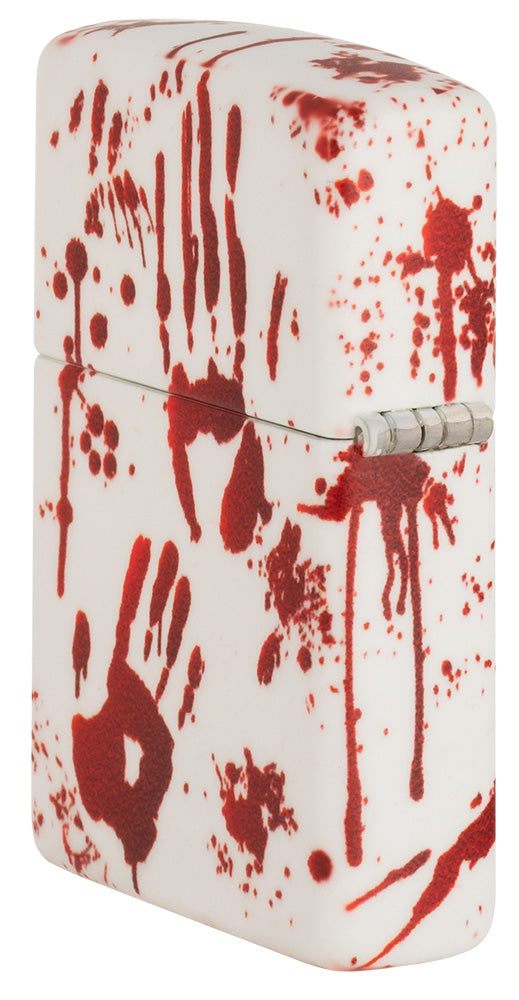 Zippo Lighter Side View Back ¾ Angle 540 Degree Design Matte White with Bloody Handprints