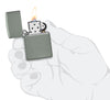 Zippo Lighter Basic Model Soft Sage Grey Opened with Flame in Stylised Hand