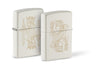 Zippo lighter white matte grouped view with double-sided laser engraving of a king with crown as well as sword