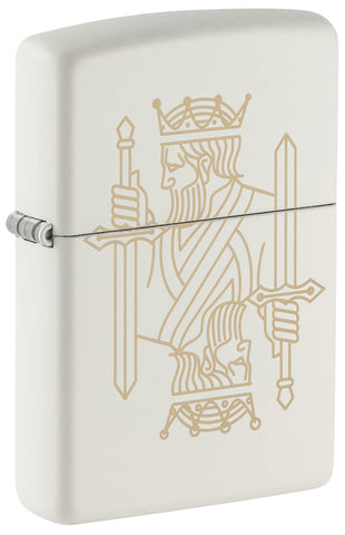 Zippo lighter front view ¾ angle matt white with double-sided laser engraving of a crowned king as well as a sword.