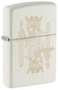 Zippo lighter front view ¾ angle matt white with double-sided laser engraving of a crowned king as well as a sword.