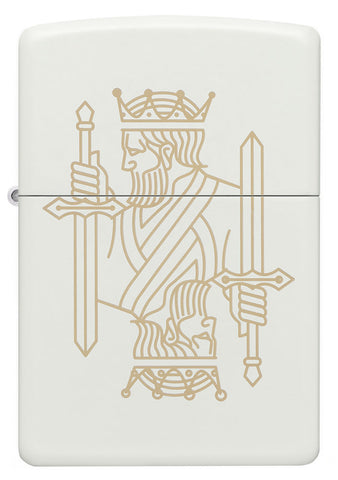 Zippo lighter front view white matte with double-sided laser engraving of a king with crown and sword