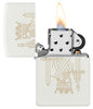 Zippo white matt lighter with double-sided laser engraving of a king with crown and sword open with flame