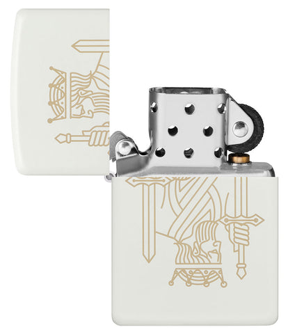 Zippo white matt lighter with double-sided laser engraving of a king with crown and sword open without flame