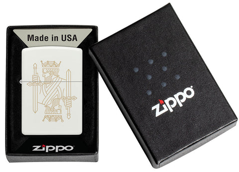 Zippo white matt lighter with double-sided laser engraving of a king with crown and sword in open gift box