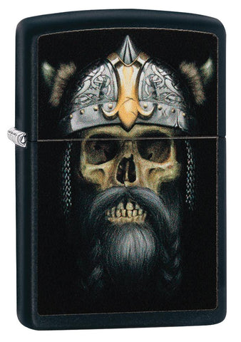 Vue de face 3/4 briquet Zippo noir tête de mort viking avec barbe et casque