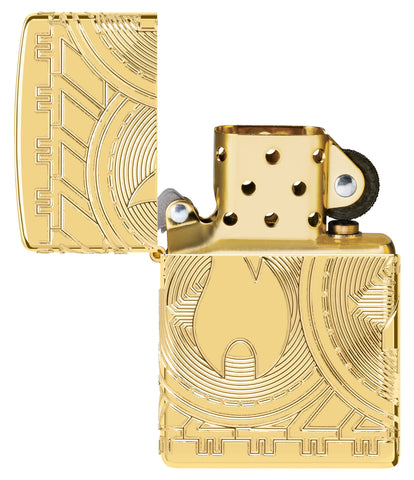 Zippo Lighter Front View representing the Zippo flame on a coin with arcs of circles in deep engraving Opened and unlit