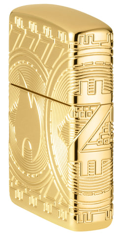 Zippo Lighter Side View front ¾ Angle Currency Design representing the Zippo flame on a coin with arcs of circles in deep engraving