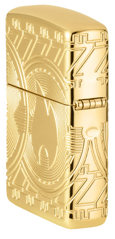Zippo Lighter Side View back ¾ Angle Currency Design representing the Zippo flame on a coin with arcs of circles in deep engraving