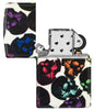 Zippo Lighter front view Skulls Design with some multicolored skulls shining in the night opened and unlit