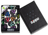Zippo Lighter front view Skulls Design with some multicolored skulls shining in the night in its premium black box