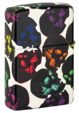 Zippo Lighter rear view ¾ angle Skulls Design with some multicolored skulls shining in the night