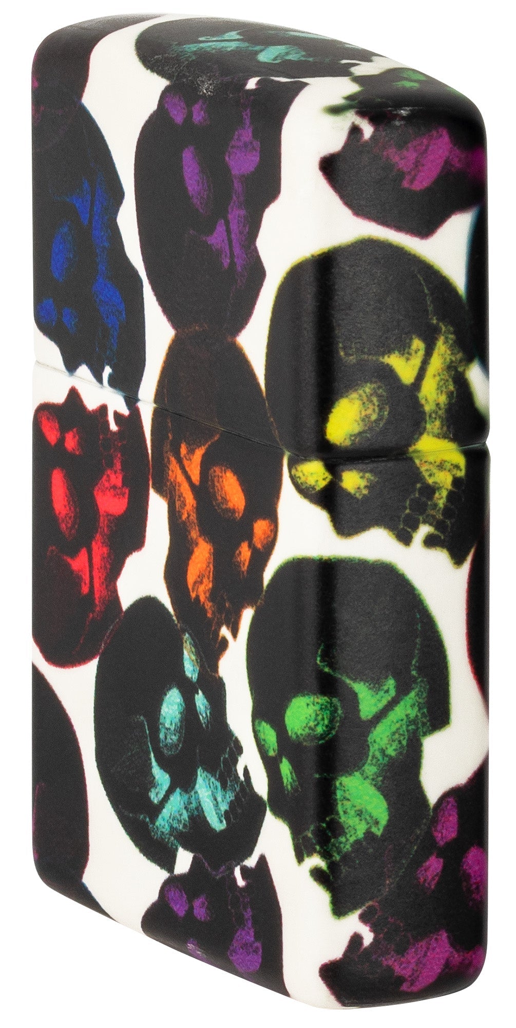 Zippo Lighter Side View front ¾ angle Skulls Design with some multicolored skulls shining in the night