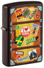 Zippo Lighter Front View ¾ Angle brown representing a suitcase with a different city stickers stuck on it such as Paris, Hawaii, Barcelona, New York