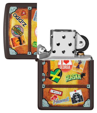 Zippo Lighter Front View brown representing a suitcase with a different city stickers stuck on it such as Paris, Hawaii, Barcelona, New York opened and unlit