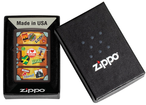Zippo Lighter representing a suitcase with a different city stickers stuck on it such as Paris, Hawaii, Barcelona, New York in its gift box