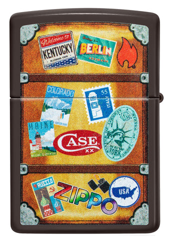 Zippo Lighter back view brown representing a suitcase with a different city stickers stuck on it such as Paris, Hawaii, Barcelona, New York