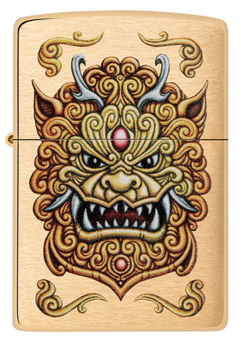 Front view of the Zippo windproof lighter Foo Dog Design, showing an imperial golden lions in the style of chinese art.