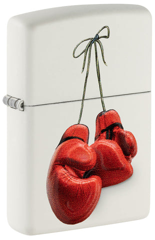 Front view ¾ angle Zippo lighter white with red boxing gloves