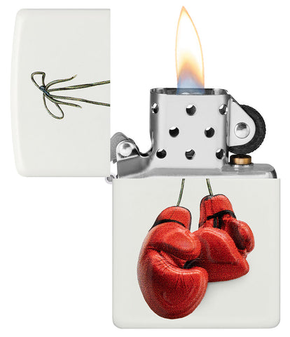 Zippo Lighter White with Red Boxing Gloves Open with Flame