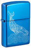 Zippo Lighter Front View ¾ Angle Whale Design shiny light blue with an engraved whale with round waves