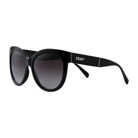 Zippo Cat Eye Sunglasses Front View ¾ Angle In Black With Zippo Logo On Temple In White