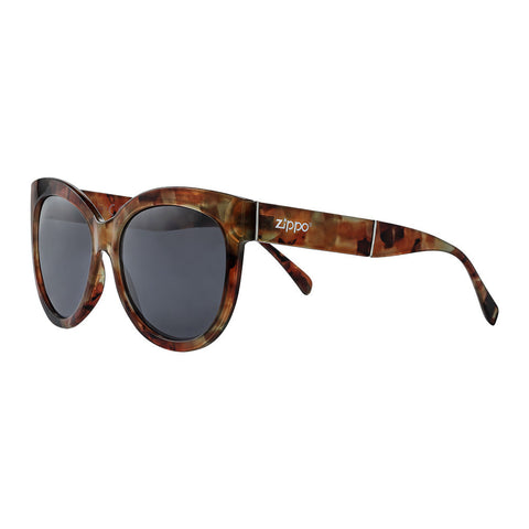 Zippo Cat Eye Sunglasses Front View ¾ Angle Marbled in Warm Brown Tones with Zippo Logo on Temple in White