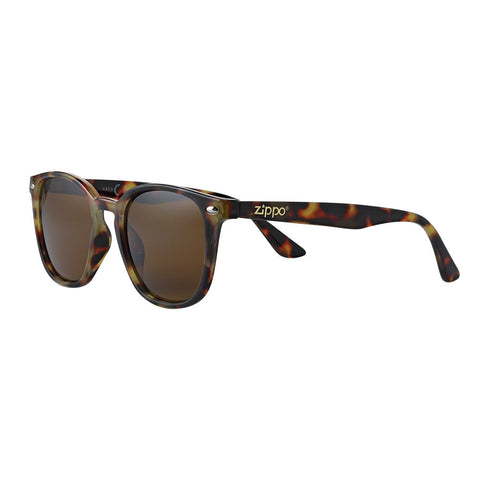 Zippo Sunglasses Front View ¾ Angle With Slightly Rounded Square Frame In Havana Brown With White Zippo Logo