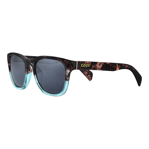 Zippo Sunglasses Front View ¾ Angle With Square Frame In Brown Marbled And Light Blue Section In Frame