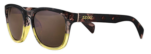 Zippo Sunglasses Front View ¾ Angle With Square Frame In Brown Marbled And Yellow Section In Frame