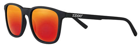 Zippo Sunglasses Front View ¾ Angle With Orange Lenses And Narrow Square Frame In Black With White Zippo Logo