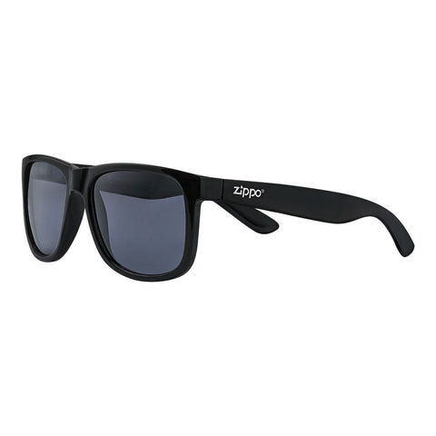 Zippo Sunglasses Front View ¾ Angle With Square Frame And Wide Temples In Black With White Zippo Logo