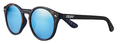 Zippo sunglasses front view ¾ angle with round lenses and wide temples in different shades of brown with white Zippo logo