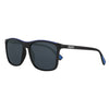 Front view 3/4 angle Zippo sunglasses black lenses with black frame as well as blue rubber coating