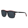 Front view 3/4 angle Zippo sunglasses black lenses with black frame as well as red rubber coating